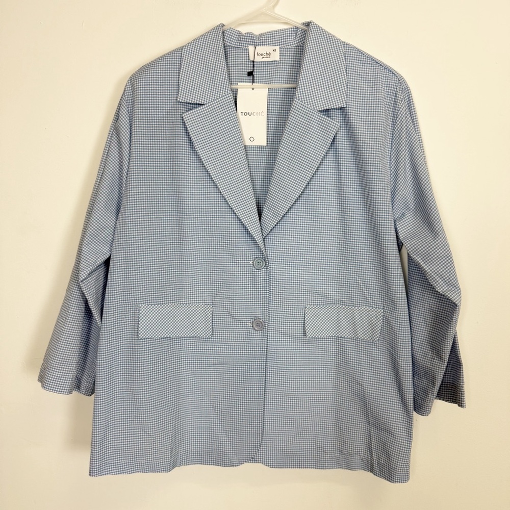 Touche Prive Jacket Womens 42 US 10 Blue Gingham Check Cotton Blend NWT